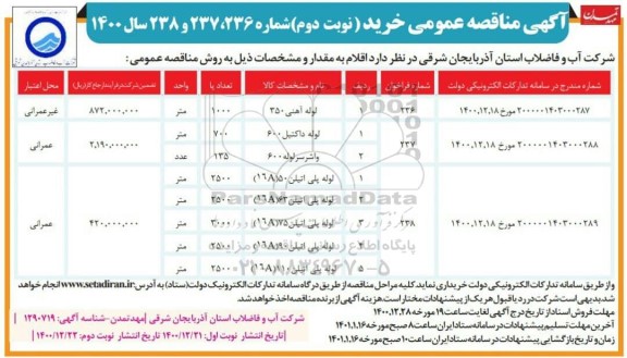 مناقصه خرید لوله آهنی....-  نوبت دوم
