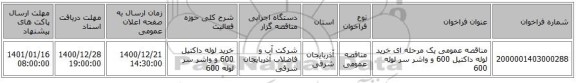 مناقصه عمومی یک مرحله ای خرید لوله داکتیل 600 و واشر سر لوله 600