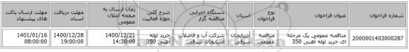 مناقصه عمومی یک مرحله ای خرید لوله آهنی 350