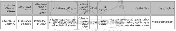 مناقصه عمومی یک مرحله ای حمل زباله بصورت مکانیزه از سکوی میانی زباله ملارد به مقصد مرکز دفن  اختر آباد