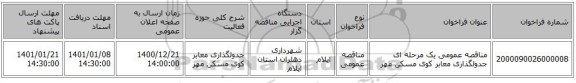 مناقصه عمومی یک مرحله ای جدولگذاری معابر کوی مسکن مهر 