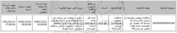 مناقصه عمومی همزمان با ارزیابی (فشرده) یک مرحله ای عملیات پل باقیمانده جاده های طرفین پل مشراگه 