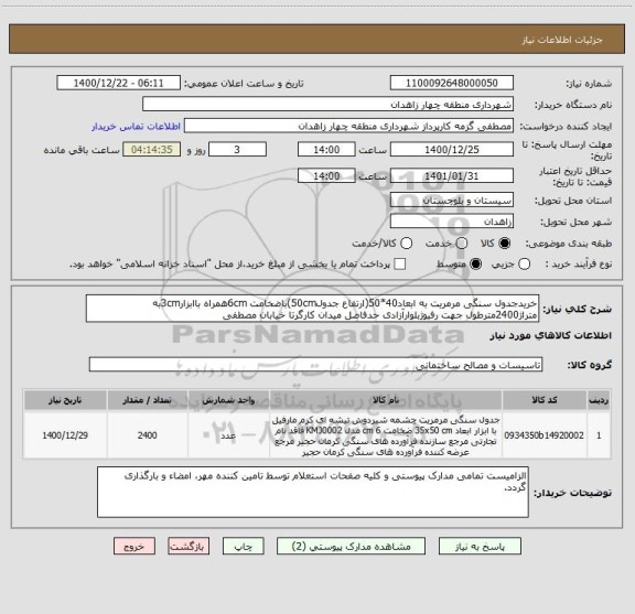 استعلام خریدجدول سنگی مرمریت به ابعاد40*50(ارتفاع جدول50cm)باضخامت 6cmهمراه باابزار3cmبه متراژ2400مترطول جهت رفیوژبلوارآزادی حدفاصل میدان کارگرتا خیابان مصطفی