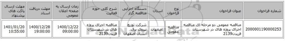 مناقصه عمومی دو مرحله ای مناقصه اجرای پروژه های در شهرستان  فریدن2139