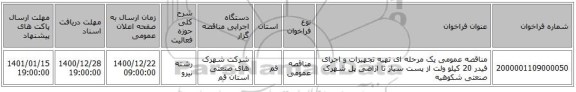 مناقصه عمومی یک مرحله ای تهیه تجهیزات و اجرای فیدر 20 کیلو ولت از پست سیار تا اراضی پل شهرک صنعتی شکوهیه