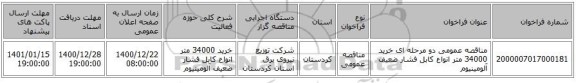 مناقصه عمومی دو مرحله ای خرید 34000 متر انواع کابل فشار ضعیف آلومینیوم