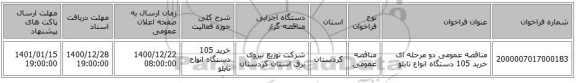 مناقصه عمومی دو مرحله ای خرید 105 دستگاه انواع تابلو