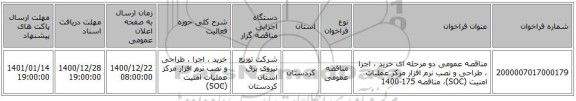 مناقصه عمومی دو مرحله ای خرید ، اجرا ، طراحی و نصب نرم افزار  مرکز عملیات امنیت (SOC)، مناقصه 175-1400 