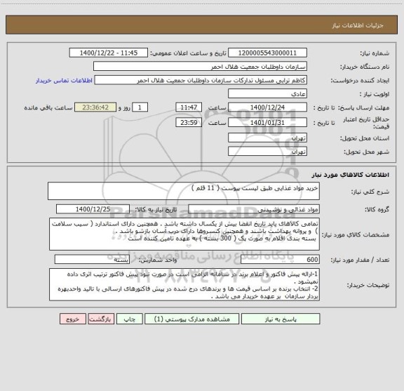 استعلام خرید مواد غذایی طبق لیست پیوست ( 11 قلم )