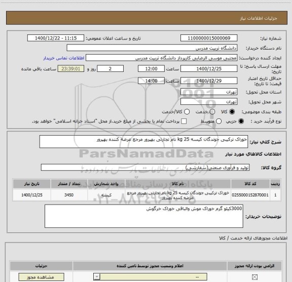 استعلام خوراک ترکیبی جوندگان کیسه 25 kg نام تجارتی بهپرور مرجع عرضه کننده بهپرور