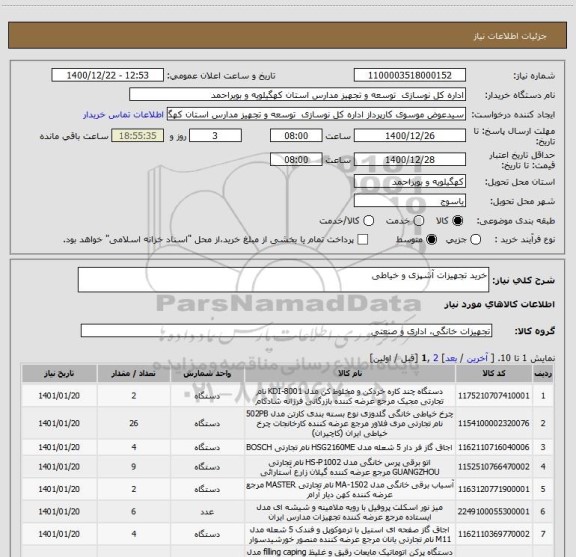 استعلام خرید تجهیزات آشپزی و خیاطی