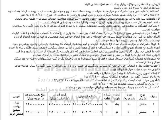 مزایده فروش دو قطعه زمین