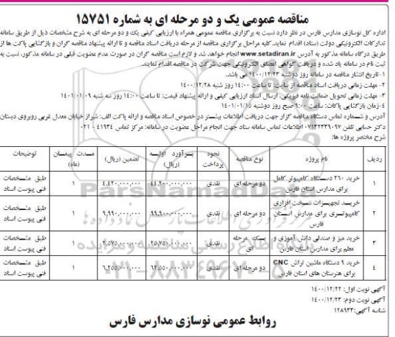 مناقصه خرید 260 دستگاه کامپیوتر کامل ... نوبت دوم 