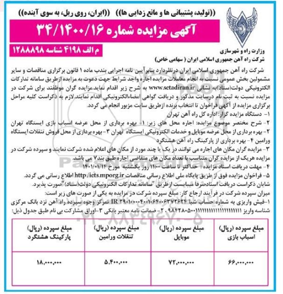 مزایده، مزایده اجاره محل های ... 