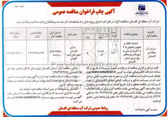 مناقصه احداث اتاقک و تجهیز چاههای 5 ، 6 و 7 طرح آبرسانی