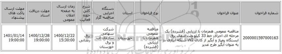 مناقصه عمومی همزمان با ارزیابی (فشرده) یک مرحله ای اجرای خط 33 کیلو ولت انتقال برق ایستگاه پمپاژ و آبگیر از کانال W2 شبکه آبیاری دز به عنوان آبگیر طرح غدیر