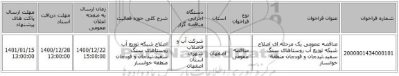 مناقصه عمومی یک مرحله ای اصلاح شبکه توزیع آب روستاهای سنگ سفید،تیدجان و قودجان منطقه خوانسار