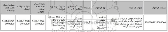 مناقصه عمومی همزمان با ارزیابی (فشرده) یک مرحله ای خرید 700 دستگاه وایت برد دیواری جهت مدارس استان گیلان