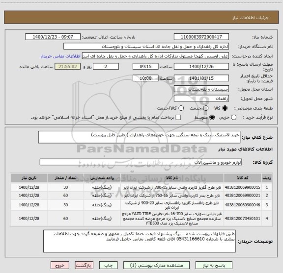 استعلام خرید لاستیک سبک و نیمه سنگین جهت خودروهای راهداری ( طبق فایل پیوست) 