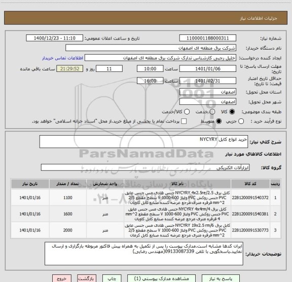 استعلام خرید انواع کابل NYCYRY
