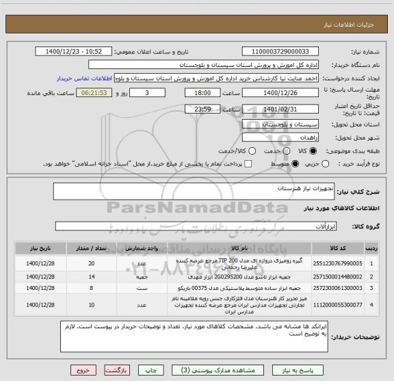استعلام تجهیزات نیاز هنرستان