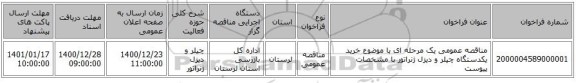 مناقصه عمومی یک مرحله ای با موضوع خرید یکدستگاه چیلر و دیزل ژنراتور با مشخصات پیوست
