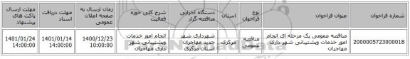 مناقصه عمومی یک مرحله ای انجام امور خذمات وپشتیبانی شهر داری مهاجران 