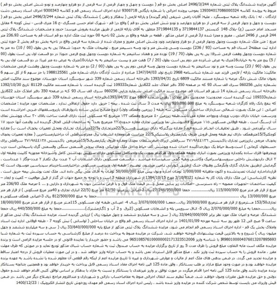 آگهی مزایده ششدانگ پلاک ثبتی شماره 2496/3/244 اصلی
