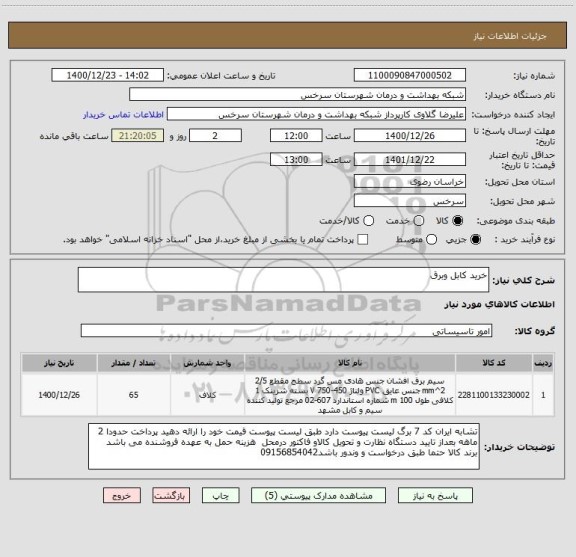 استعلام خرید کابل وبرق