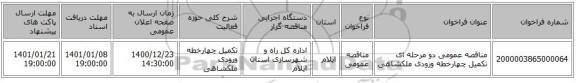 مناقصه عمومی دو مرحله ای تکمیل چهارخطه ورودی ملکشاهی