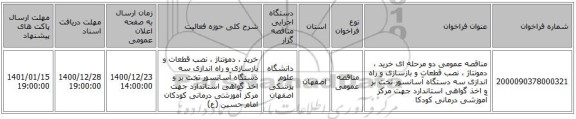 مناقصه عمومی دو مرحله ای خرید ، دمونتاژ ، نصب قطعات و بازسازی و راه اندازی سه دستگاه آسانسور تخت بر و اخذ گواهی استاندارد جهت مرکز آموزشی درمانی کودکا