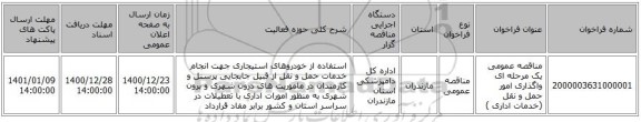مناقصه عمومی یک مرحله ای واگذاری امور حمل و نقل (خدمات اداری )