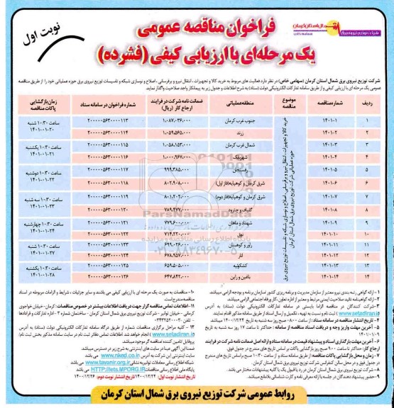 فراخوان مناقصه خرید کالا و تجهیزات، انتقال نیرو و برقرسانی، اصلاح و نوسازی شبکه و ...