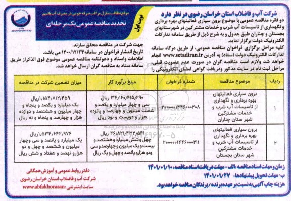مناقصه برون سپاری فعالیتهای بهره برداری و نگهداری از تاسیسات آب شرب ...