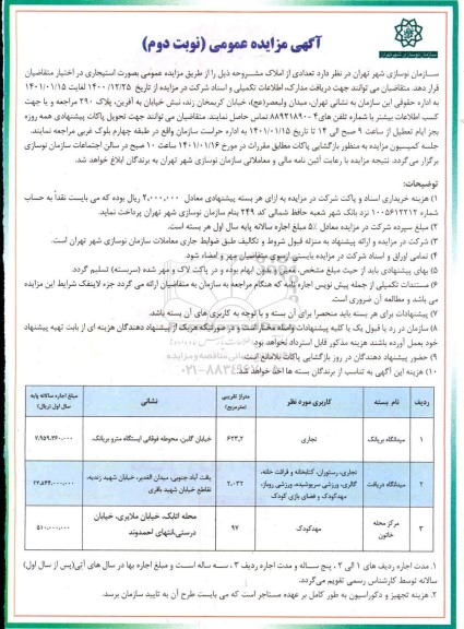 مزایده تعدادی از املاک - نوبت دوم 