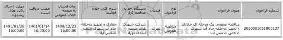 مناقصه عمومی یک مرحله ای حفاری و تجهیز دوحلقه چاه آب شهرک صنعتی شمس آباد