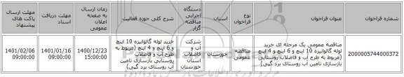 مناقصه عمومی یک مرحله ای خرید لوله گالوانیزه 10 اینچ و 6 اینچ و 4 اینچ (مربوط به طرح آب و فاضلاب روستایی بازسازی تامین آب روستای برد گپی)