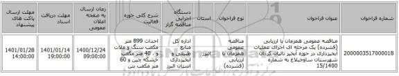 مناقصه عمومی همزمان با ارزیابی (فشرده) یک مرحله ای اجرای عملیات آبخیزداری در حوزه آبخیز تالیان کردان شهرستان ساوجبلاغ به شماره 15/1400  