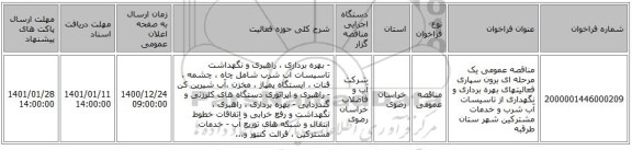 مناقصه عمومی یک مرحله ای برون سپاری فعالیتهای بهره برداری و نگهداری از تاسیسات آب شرب و خدمات مشترکین شهر ستان طرقبه