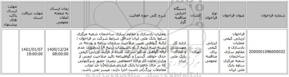 فراخوان ارزیابی کیفی عملیات بازسازی و مقاوم سازی ساختمان شعبه مرکزی ساوه بانک ملی ایران
