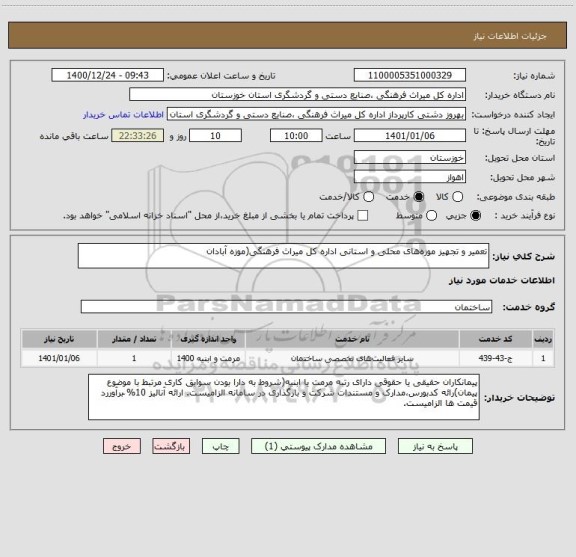 استعلام تعمیر و تجهیز موزه های محلی و استانی اداره کل میراث فرهنگی(موزه آبادان