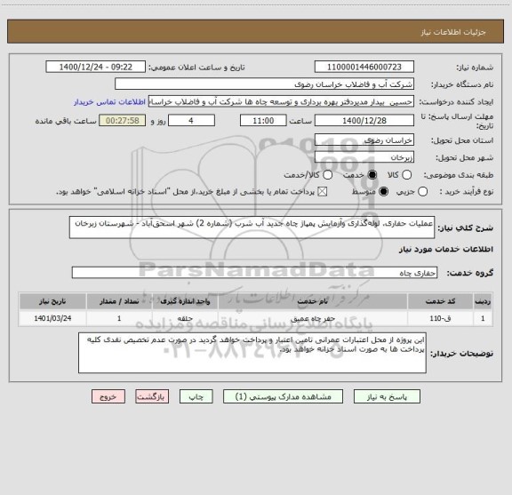 استعلام عملیات حفاری، لوله گذاری وآزمایش پمپاژ چاه جدید آب شرب (شماره 2) شهر اسحق آباد - شهرستان زبرخان
