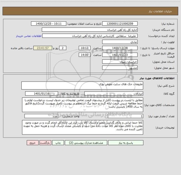استعلام ملزومات جک های سایت تعویض بوژی