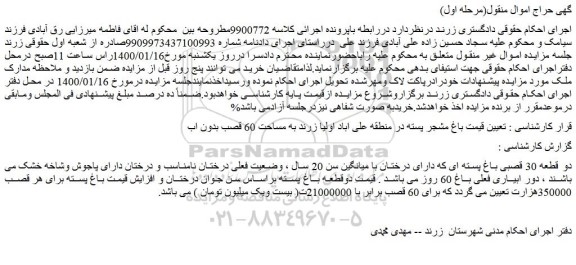 مزایده فروش دو قطعه 30 قصبی باغ پسته ای که دارای درختان با میانگین سن 20 سال