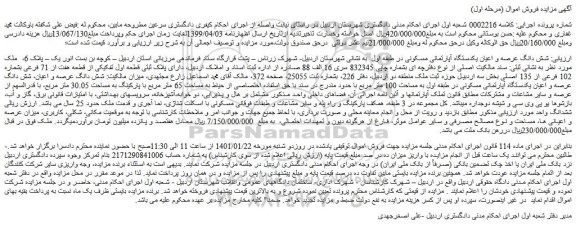 مزایده فروش شش دانگ عرصه و اعیان یکدستگاه آپارتمانی مسکونی در طبقه اول 