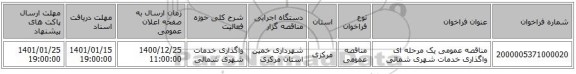 مناقصه عمومی یک مرحله ای واگذاری خدمات شهری شمالی
