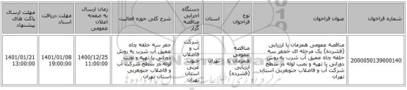 مناقصه عمومی همزمان با ارزیابی (فشرده) یک مرحله ای ححفر  سه حلقه چاه عمیق آب شرب به روش دورانی با تهیه و نصب لوله در سطح شرکت آب و فاضلاب جنوبغربی استان تهران