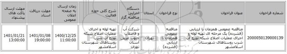 مناقصه عمومی همزمان با ارزیابی (فشرده) یک مرحله ای تهیه لوله و اجرای عملیات اصلاح شبکه توزیع آب شرب روستاهای شهرستان اسلامشهر 