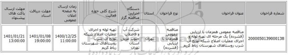 مناقصه عمومی همزمان با ارزیابی (فشرده) یک مرحله ای تهیه لوله و اجرای عملیات اصلاح شبکه توزیع آب شرب روستاهای شهرستان رباط کریم