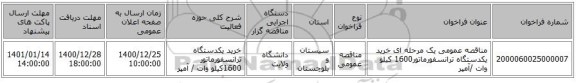 مناقصه عمومی یک مرحله ای خرید یکدستگاه ترانسفورماتور1600 کیلو وات /آمپر